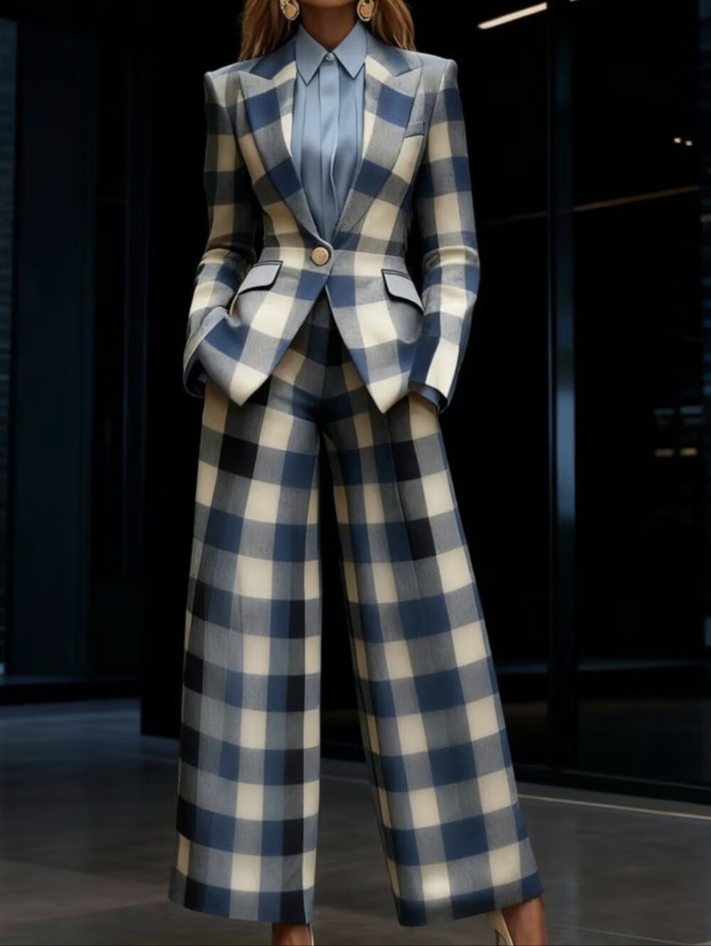 Plaid Blazer And Wide Leg Pants Set, Tailored Silhouette Style, Ideal for Workpl